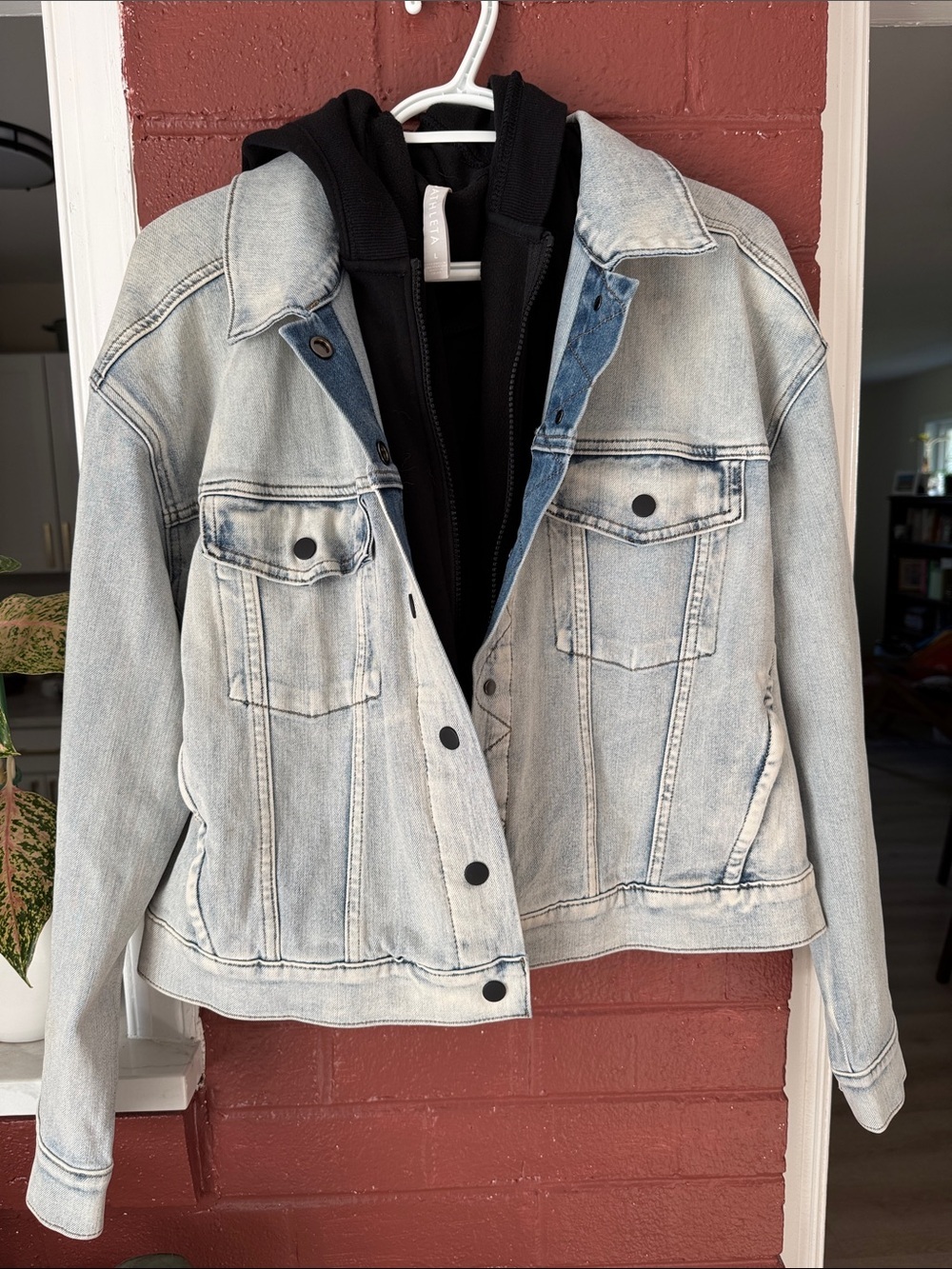 Athleta Double Time Light Wash Denim Jacket with Black Hooded Vest Insert L